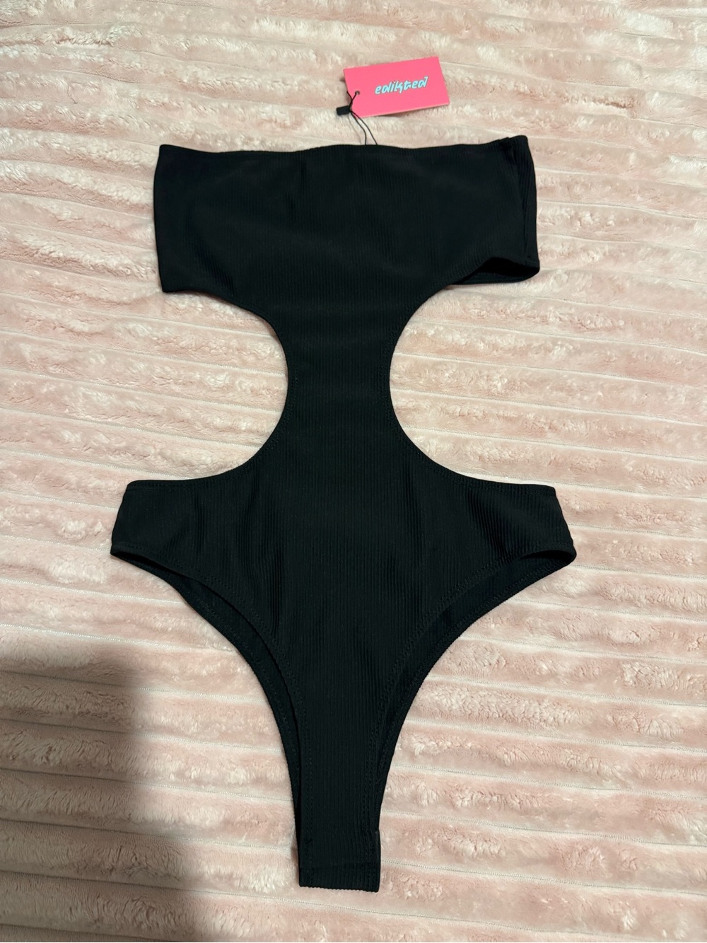 Edikted Black Ribbed Cutout Bodysuit Size S NWT High Cut Thong Y2K Sexy